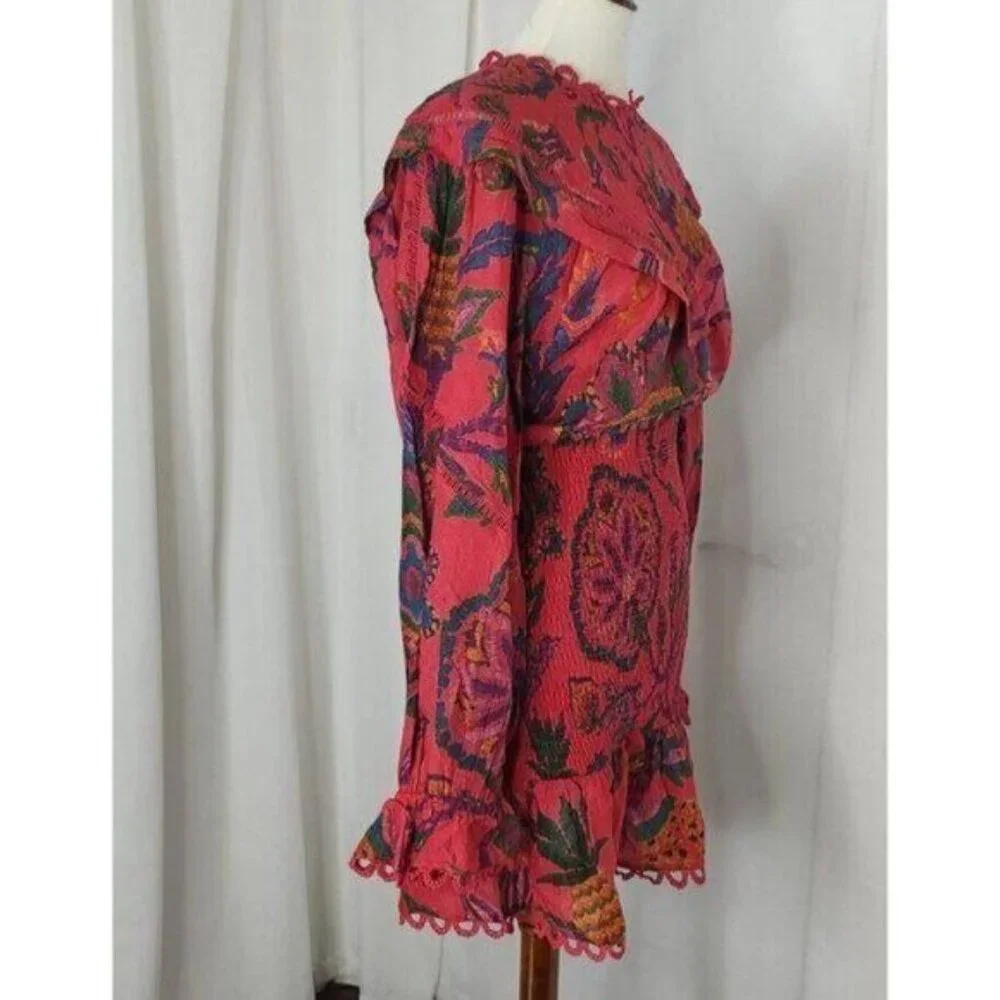 FARM Rio Mini Dress M Tapestry Tropical Smocked Ruffle…Blush Pink Sunset - Picture 7 of 16